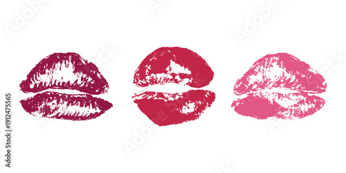 Set of lipstick kiss print Different shapes and colors imprint of lips Red pink female sexy lips makeup Design elements for beauty fashion poster Valentines Day wedding