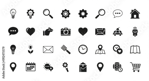 Collection of various black icons on a white background.
