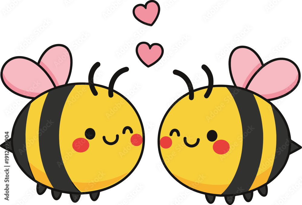 Obraz premium Cute loving bees characters with hearts cartoon vector illustration set isolated background