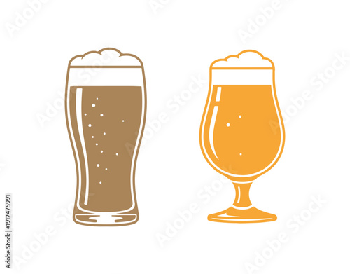 Collection of stout beer icons. Drink from a tall pint glass and tulip glass, stencil style. Vector clipart, minimalist sign, or a basic logo for bars, pubs, or Oktoberfest.
