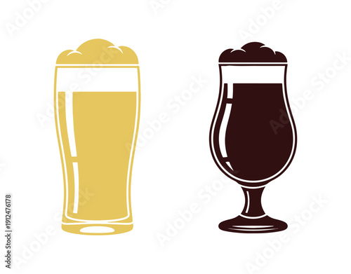 Stout beer icon collection. Served in a tall pint glass and tulip glass, stencil style. Vector clipart, minimalist sign, or a straightforward logo for bars, pubs, or Oktoberfest designs.
