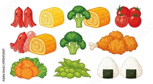 Colorful Bento Box Illustration with Various Food Items.