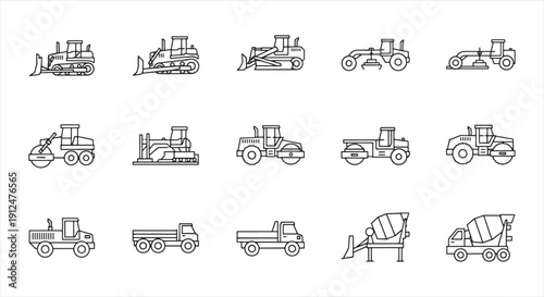 Construction Vehicle Icon Set – Heavy Machinery Line Vector for Engineering and Infrastructure Work
