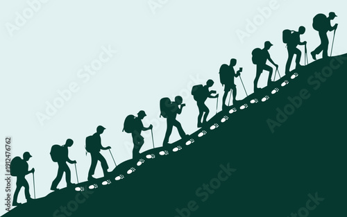 Silhouettes of people climbing a steep, winding path together towards a goal