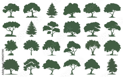 A collection of stylized trees with varied shapes and sizes displayed in a grid pattern