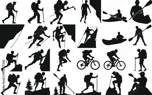 Dynamic silhouettes of people engaging in various outdoor activities and sports