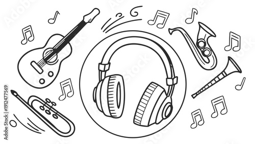 Black and white line of headphones surrounded by musical instruments and notes