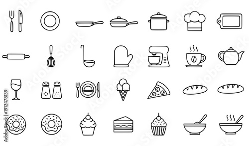 Simple Black and White Culinary Icons Set – Minimal Line Art Vector Collection