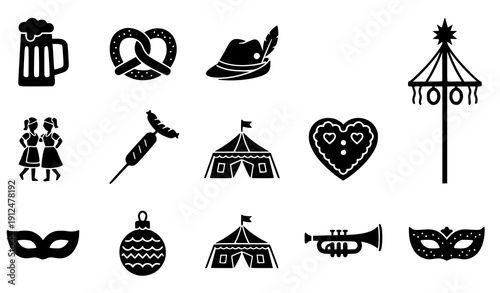 Traditional German Celebration Symbols – Black and White Solid Glyph Icons