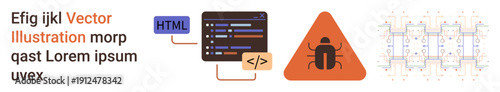 Cybersecurity, software development, coding, online threats, digital technology, programming tools. Code snippets, HTML block bug warning sign. Cybersecurity and software development concept