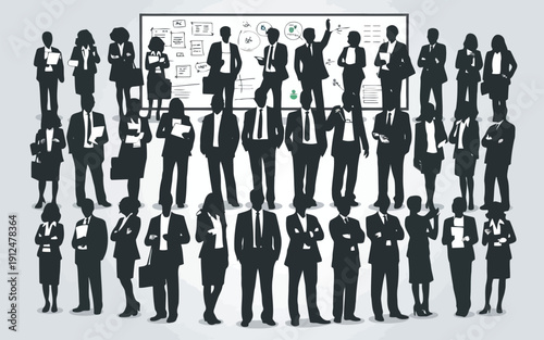 Diverse silhouettes of people in various poses and attire against a plain background.