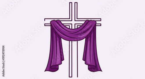 Purple draped cross symbol representing Lent and solemn religious observance isolated on a light background