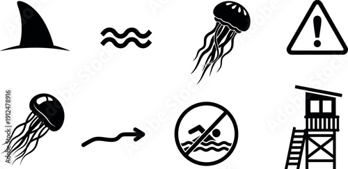 Summer beach warning signs and symbols for ocean safety and swimming