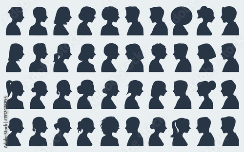 A collection of diverse silhouettes in various dynamic poses and attire arrangements