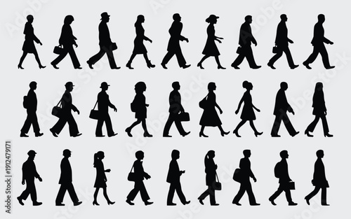 Sequential animation frames of a person walking in various styles and postures