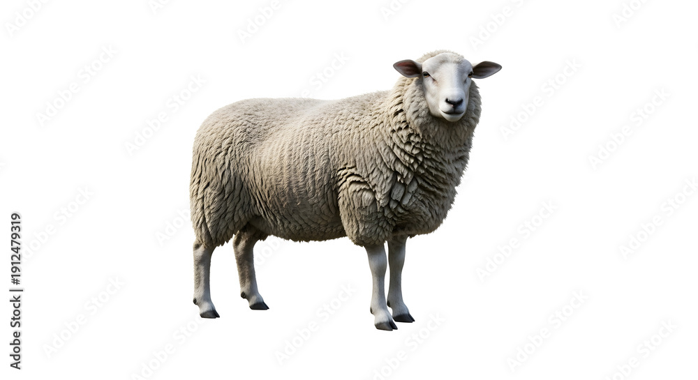 Fototapeta premium A single sheep standing on a white background, isolated and looking directly at the camera.