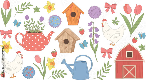 Farm garden elements collection chicken barn flowers cartoon vector illustration set isolated background