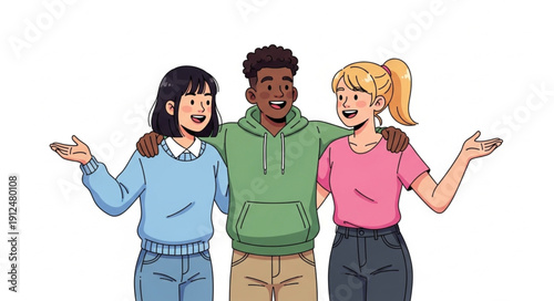 Three diverse young friends smiling and embracing together.