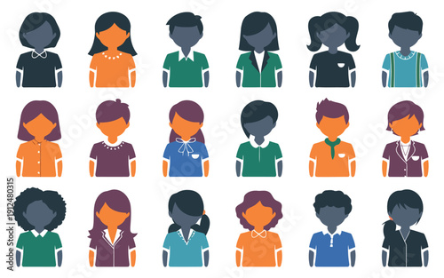 Diverse group of twelve cartoon figures with varied hairstyles and skin tones