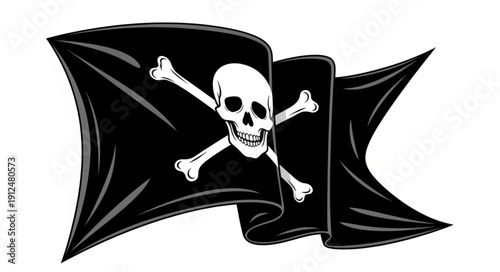 Black pirate flag with skull and crossbones waving.