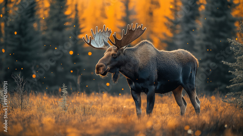 A large moose stands in a field of tall grass