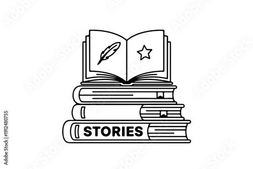 A stack of books with a quill pen and star symbolizing storytelling and creativity Vector