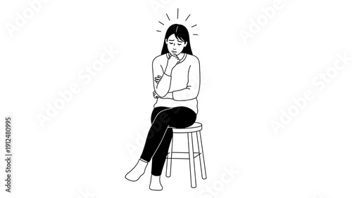 Line drawing of a woman sitting on a stool with her arms crossed, looking stressed or anxious with lines radiating from her head, against a plain white background.