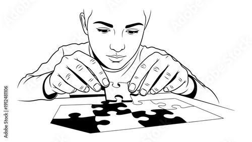 A man placing a puzzle piece on a table in a line drawing style with a neutral color palette against a white background.