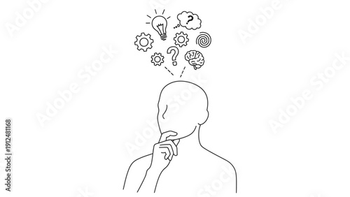 A minimalist line drawing of a man with his hand on his chin thinking, surrounded by thought bubbles with question marks and gears on a white background.