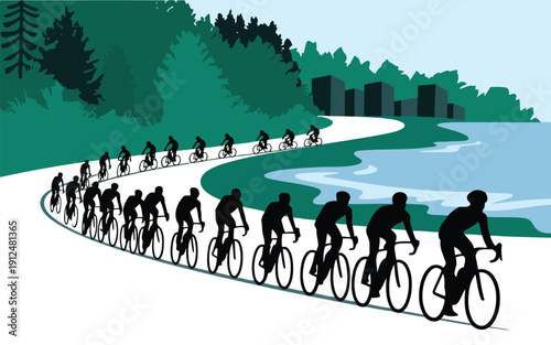 Team of cyclists riding together in a coordinated formation on a scenic mountain road.