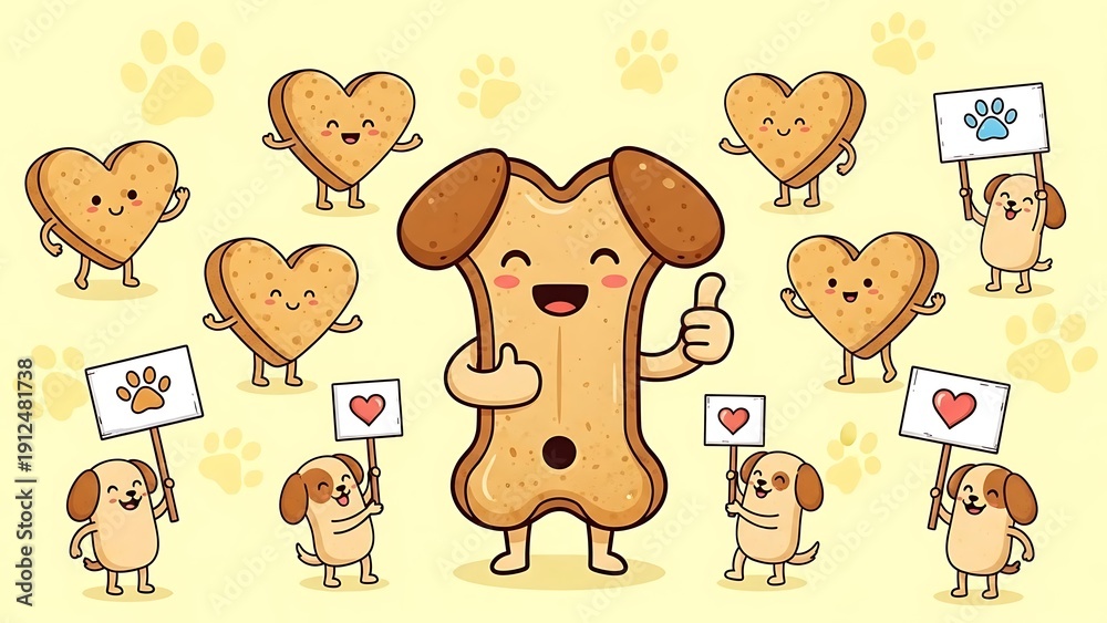 Fototapeta premium Cartoon bone and heart cookies with puppies holding signs on a yellow background