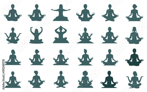 Collection of diverse yoga poses illustrated in a uniform blue-toned style