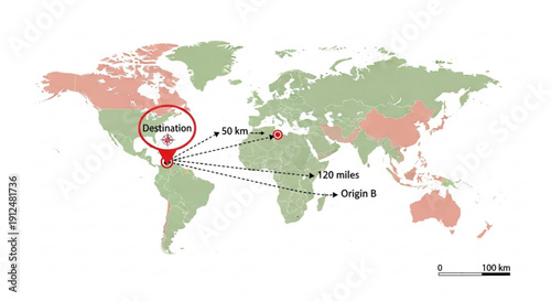 World map with travel route from origin b to destination a marked with distances in miles and kilometers on white background