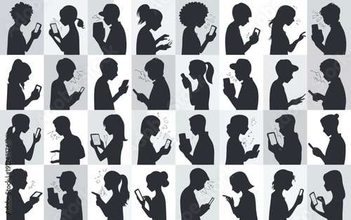 Abstract geometric patterns featuring human-like silhouettes in repetitive formations