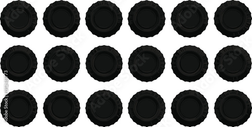 Set of Black Circular Gear or Tire Illustrations Arranged in Grid Pattern with Ridged Edges and Smooth Inner Circles
