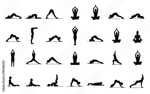 A collection of yoga poses demonstrated through simple line drawings