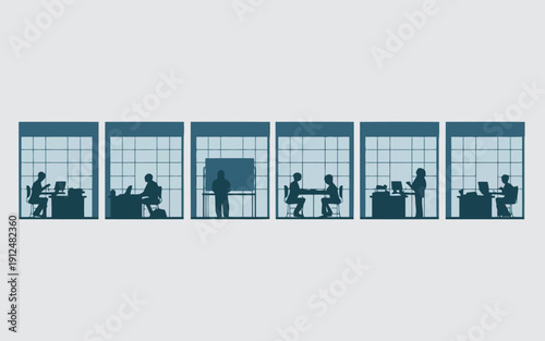 A series of illustrations depicting remote work and virtual collaboration across different environments