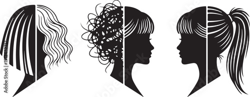 Duality of Women's Hairstyles Contrasting Straight, Wavy, Messy, and Ponytail Hair Looks for Beauty and Transformation Concepts