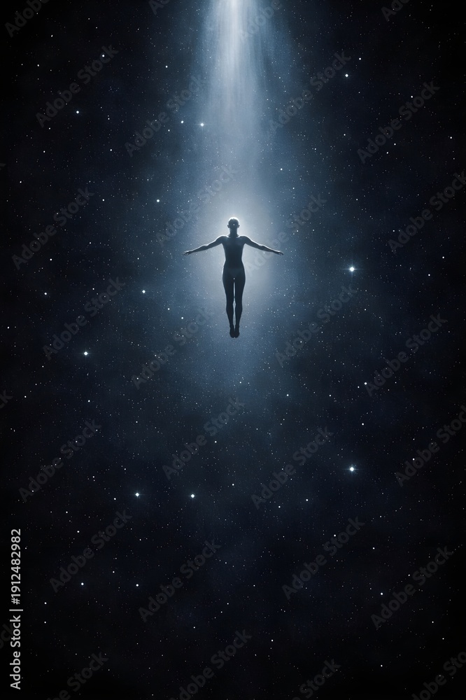 Naklejka premium Lone Figure Floating in a Starry Night Sky with Celestial Light