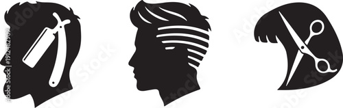 Barbershop and Hairdressing Salon Icons Set Haircut, Shaving, and Styling Symbols for Men's Grooming Services