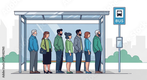 People waiting in line at a bus stop shelter.