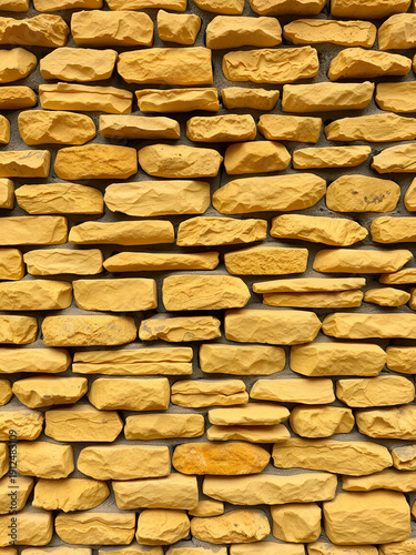 Background texture of a wall made of oblong stones of various sizes of yellow color