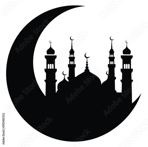 Eid Mubarak illustration, minimal black vector of crescent moon, mosque domes, tall minaret silhouette, and hanging lamps, flat design with no gradients, isolated on white background, suitable for gre