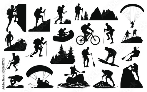 Vintage black and white icons depicting various outdoor activities and sports