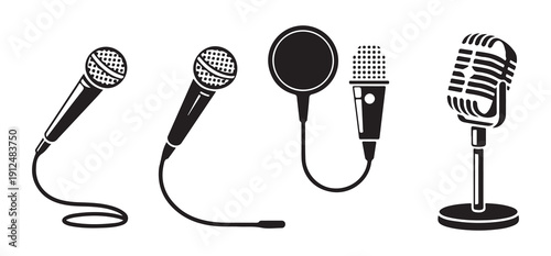 Collection of black solid microphone silhouettes including dynamic handheld and retro studio radio styles