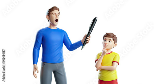 Father teaching son with a giant pen