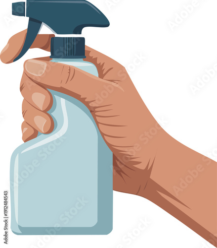 Hand holding cleaning spray bottle mockup vector.