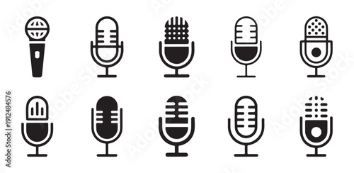 Ten black microphone icons featuring various designs for audio recording and broadcasting needs