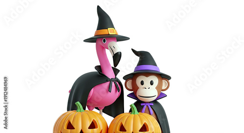 Flamingo and Monkey in Witch Costumes with Jack-o'-Lanterns