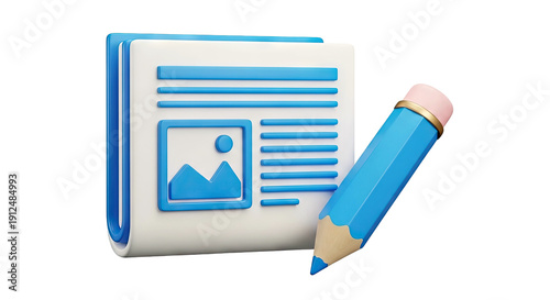 3D Illustration of a Book and Pencil for Content Creation